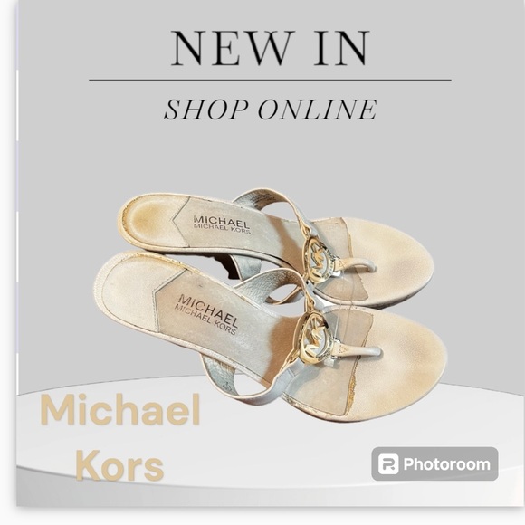 Michael Michael Kors Sandals Sz 8 Ivory Leather Thong Gold Logo Cork Wedge - Picture 1 of 10